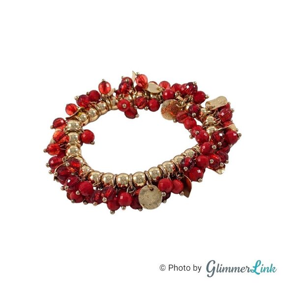 Red & Gold Tone Beaded Cha Cha Style Stretch Bracelet - Picture 2 of 8